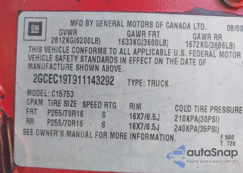 2001 Chevrolet Silverado 1500 Lt z USA, uszkodzony, nr VIN 2GCEC19T911143292